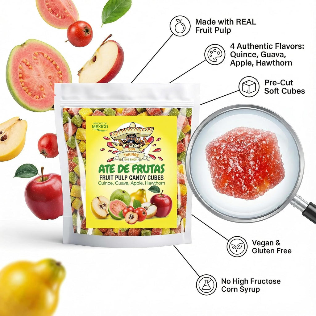 Mexican Candy Fruit Cubes - Ate de Frutas with Guava, Quince, Apple, Hawthorn, Authentic Fruit Pulp Candy, Gluten-Free Sweets By Don Turinos