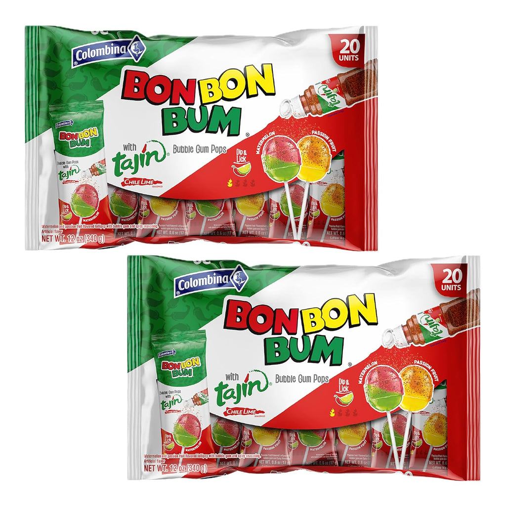 Colombina Bon Bon Bum Tropical Passion Fruit & Watermelon with Tajin Seasoning Chile Lime Dip, 20 Count (Pack of 1)