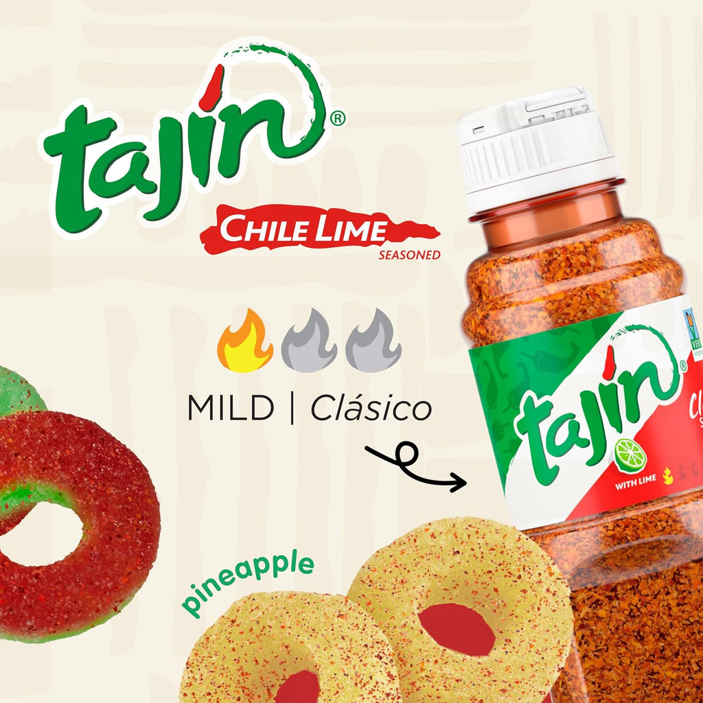 Snak Club Tajin Gummy Candy Fruit Rings, Gummies with Chili and Lime Seasoning, Mild Spice, Gluten-Free and Vegan Snacks, Assorted Bulk Candy Variety, Mango, Pineapple, Peach, Watermelon, 40 oz Bag
