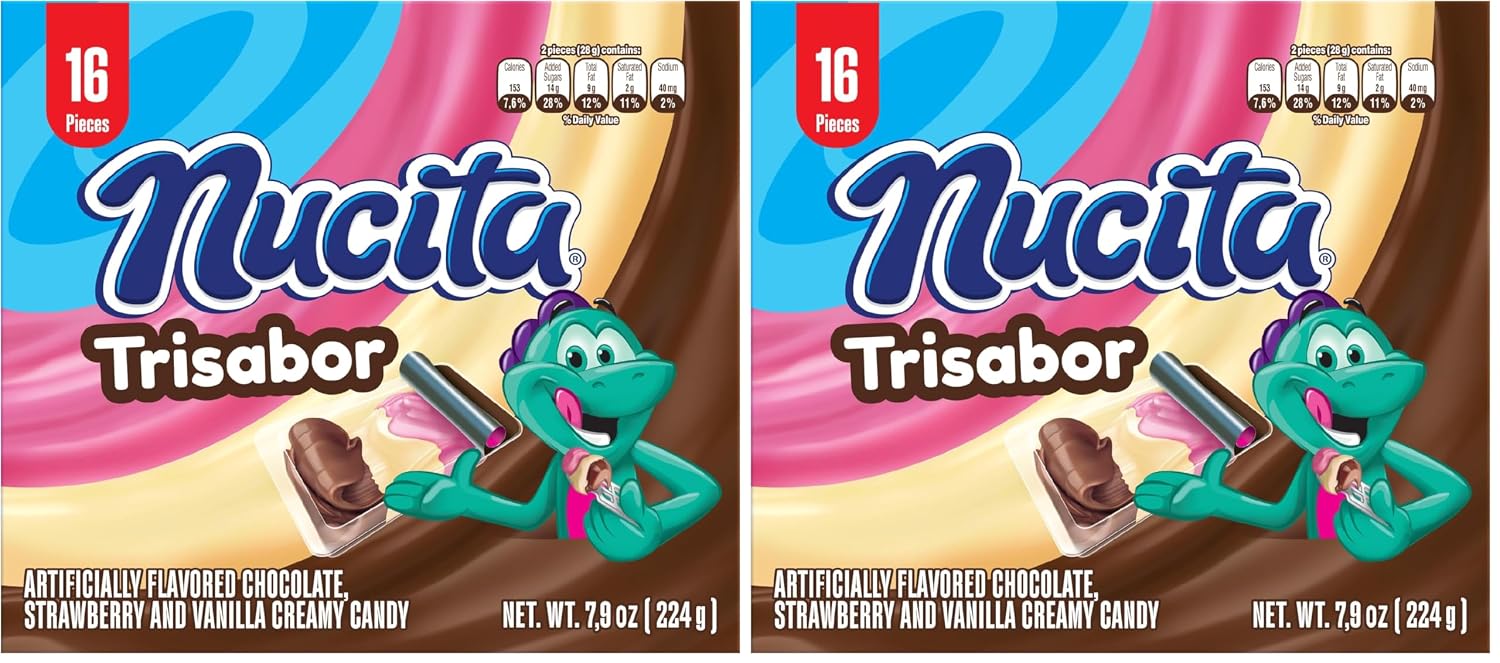 Nucita Trisabor, 3-Flavor Creamy Candy, 7.9 oz (16 Pack) | Chocolate, Strawberry & Vanilla Spreadable Candy