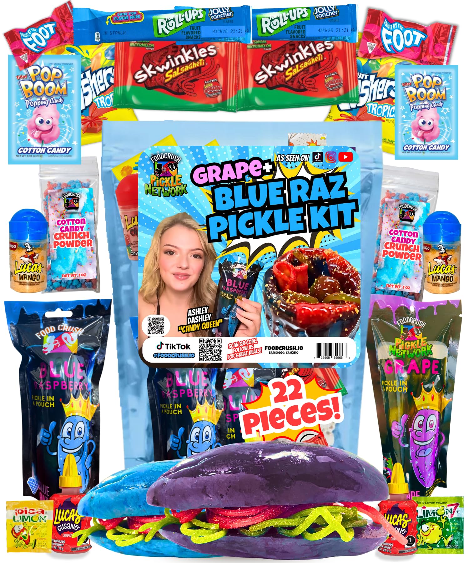 Chamoy Pickle Kit For 2 + Blue Raspberry Pickle Kit-(22 Pieces) Tiktok Candy Gift w Fruit Roll ups, skwinkles & other Mexican candy. Christmas gifts for kids, teen girl, boy