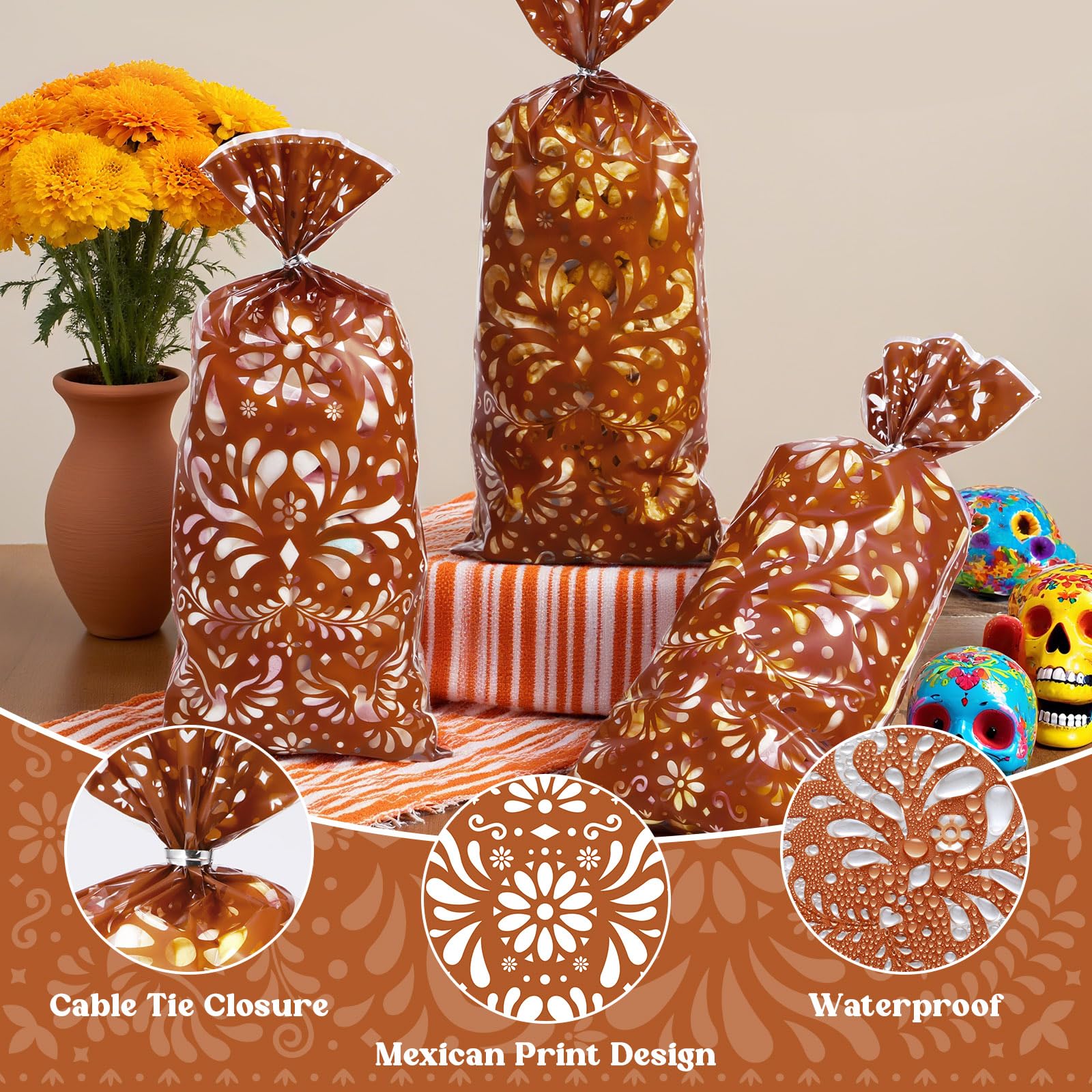 Funrous 100 Pcs Cielito Lindo Candy Bags Mexican Fiesta Gift Bags with Twist Ties Cinco De Mayo Party Favors Barro Candy Sack Talavera Sack for Mexican Wedding Fiesta Party Supplies(Brown Series)