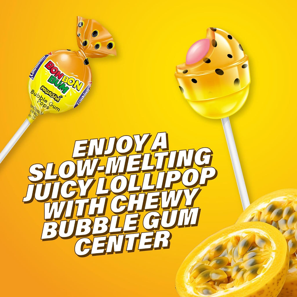 Colombina Bon Bon Bum Passion Fruit Lollipops, Tropical Fruit Hard Candy, Individually Wrapped Candy Pops for Parties, Candy Bowl Refill, Office or Classroom Rewards, 24 Count