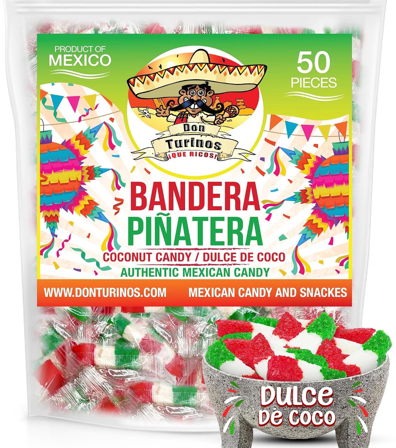 Mexican Coconut Candy 1 Pound Fiesta Pack - Authentic Dulce De Coco Banderitas Pinatera for a Sweet and Colorful Experience by Don Turinos