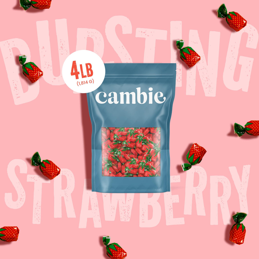 Strawberry Hard Candy Individually Wrapped by Cambie, 2 lbs of Strawberry Candy with a Deliciously Sweet Hard Exterior with a Soft, Fruit-Filled Center