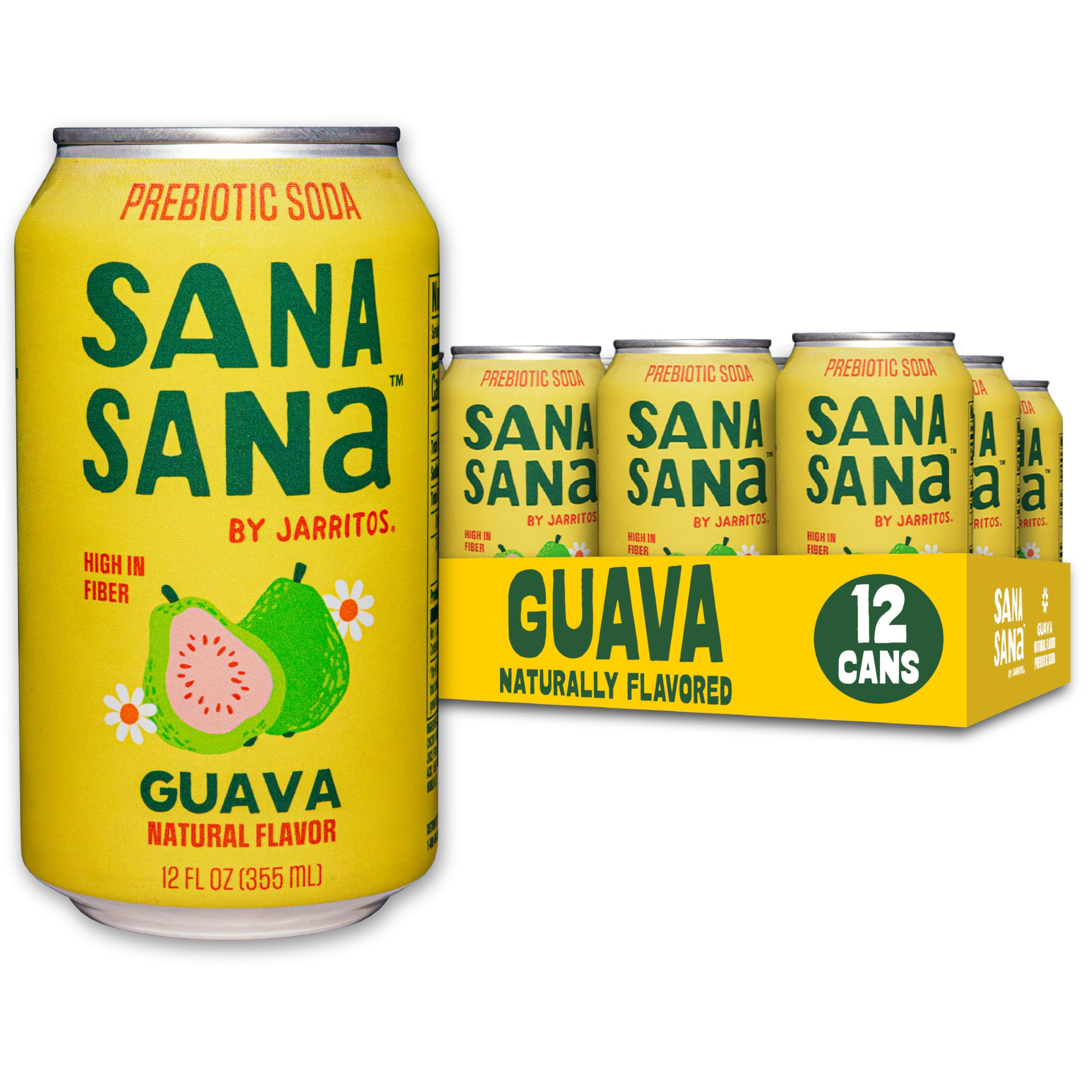 Sana Sana by Jarritos - Mexican Prebiotic Soda Soft Drinks, Guava (12 oz, 355ml) 12 Cans - 40 Calories, 10g of Fiber - Low Sugar - Natural Flavor Soda Pop