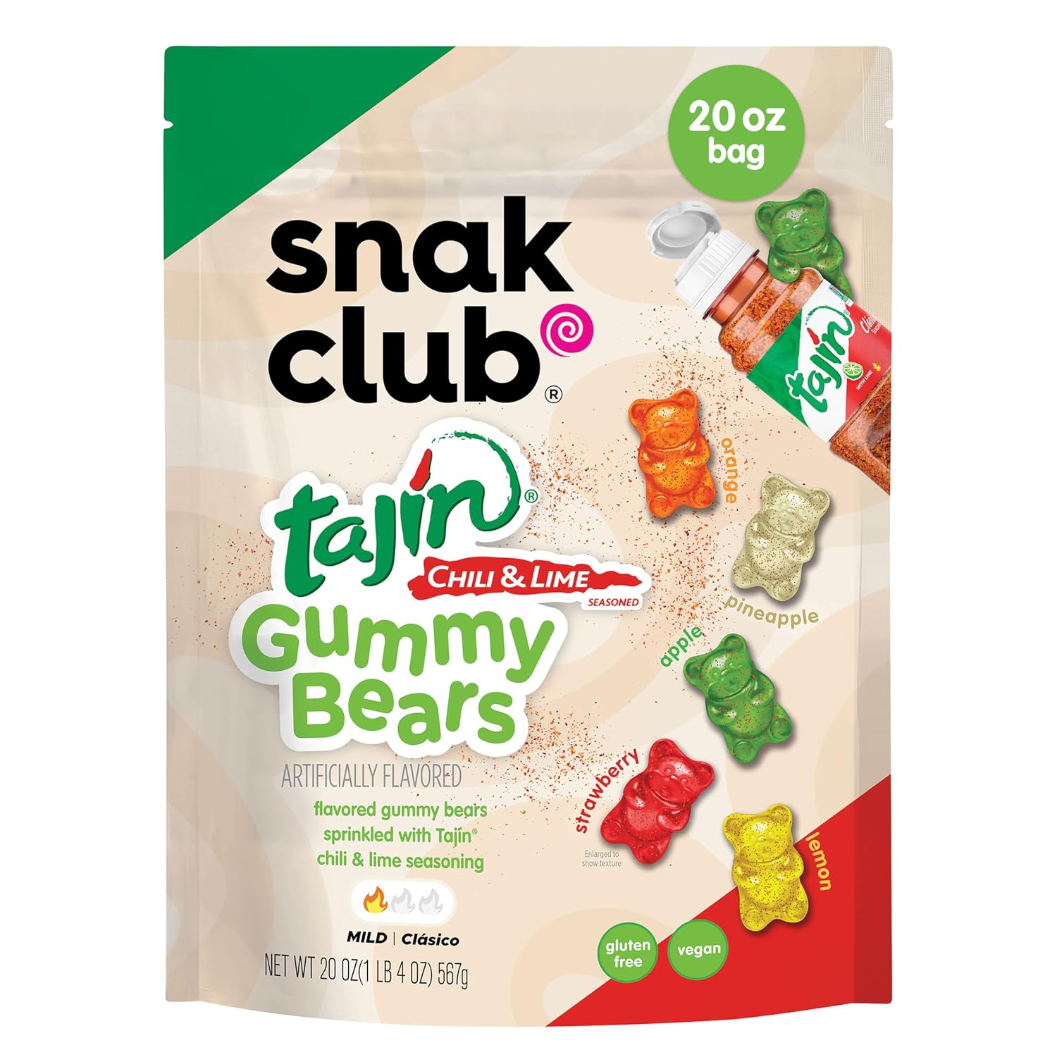 Snak Club Tajin Gummy Bears, Assorted Fruit Candy Gummies with Chili and Lime Seasoning, Mild, Gluten-Free and Vegan Snacks, 9 oz Resealable Bag
