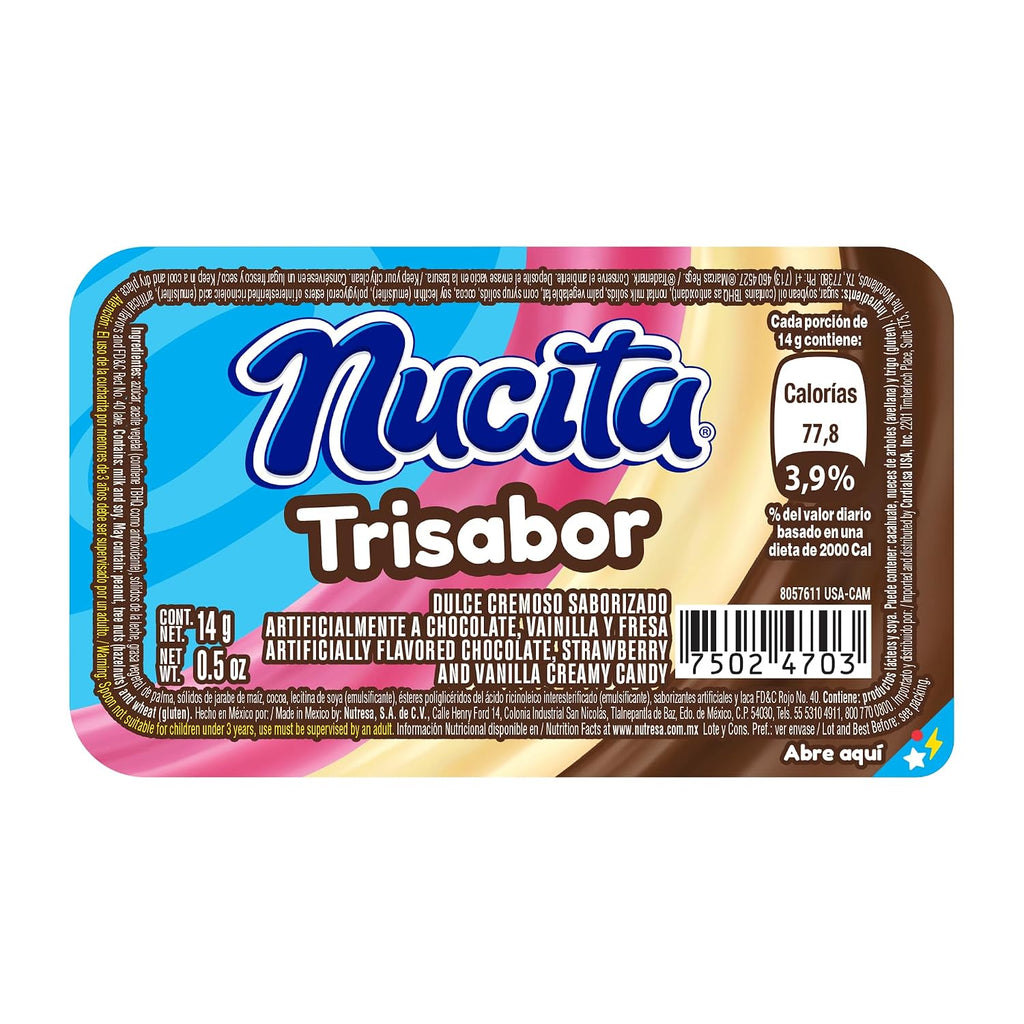 Nucita Trisabor, 3-Flavor Creamy Candy, 7.9 oz (16 Pack) | Chocolate, Strawberry & Vanilla Spreadable Candy