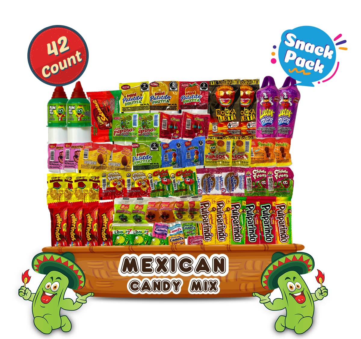 Mexican Candy Assortment Snacks Pack - Variety of Spicy, Sweet, and Sour Candies, Includes Lucas Candy, Pelon Pelo Rico, Pulparindo, Rellerindo, by LookOn (42 Count)