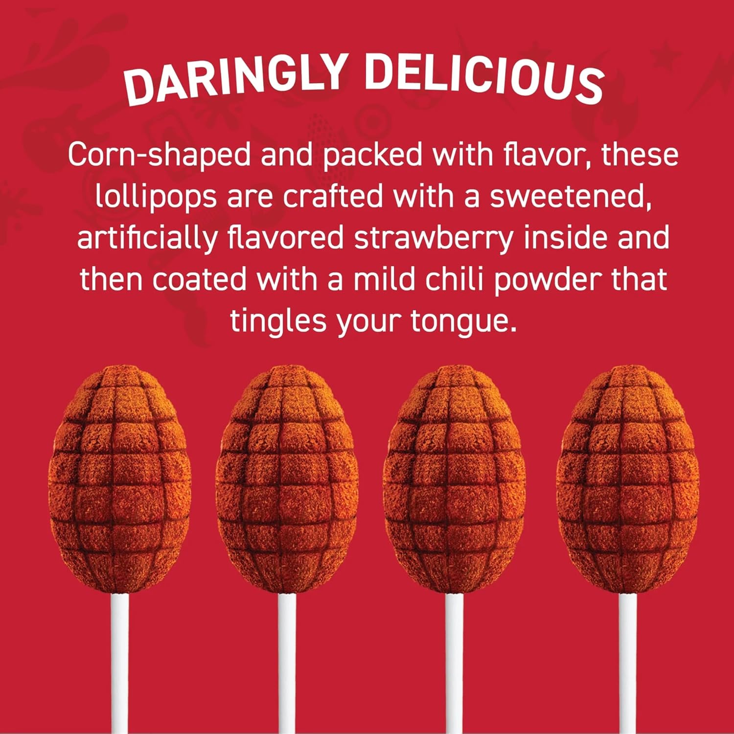 Vero Elotes Strawberry Flavored Lollipops Coated with Chili Powder 40 Count Bag (Net Wt. 22.4 Ounces) - Corn Shaped Mexican Candy - Individually Wrapped Lollipops for Piñatas, Halloween, and More.