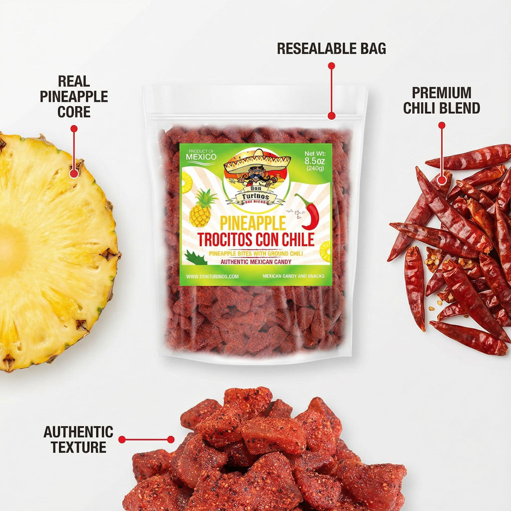 Dried Chili Pineapple Mexican Candy , 8.5 oz, Natural Soft Dry Chunks, Traditional Dulce Mexicano, Sweet and Spicy Flavor, by Don Turinos