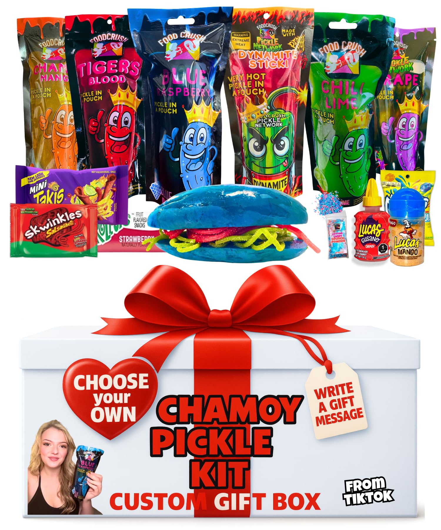 Cotton Candy Pickle Kit Gift Box From Tiktok-With Cotton Candy Crunch, Pop Rocks, Lucas Gusano Chamoy, Skwinkles, gifts for kids teen girls boys