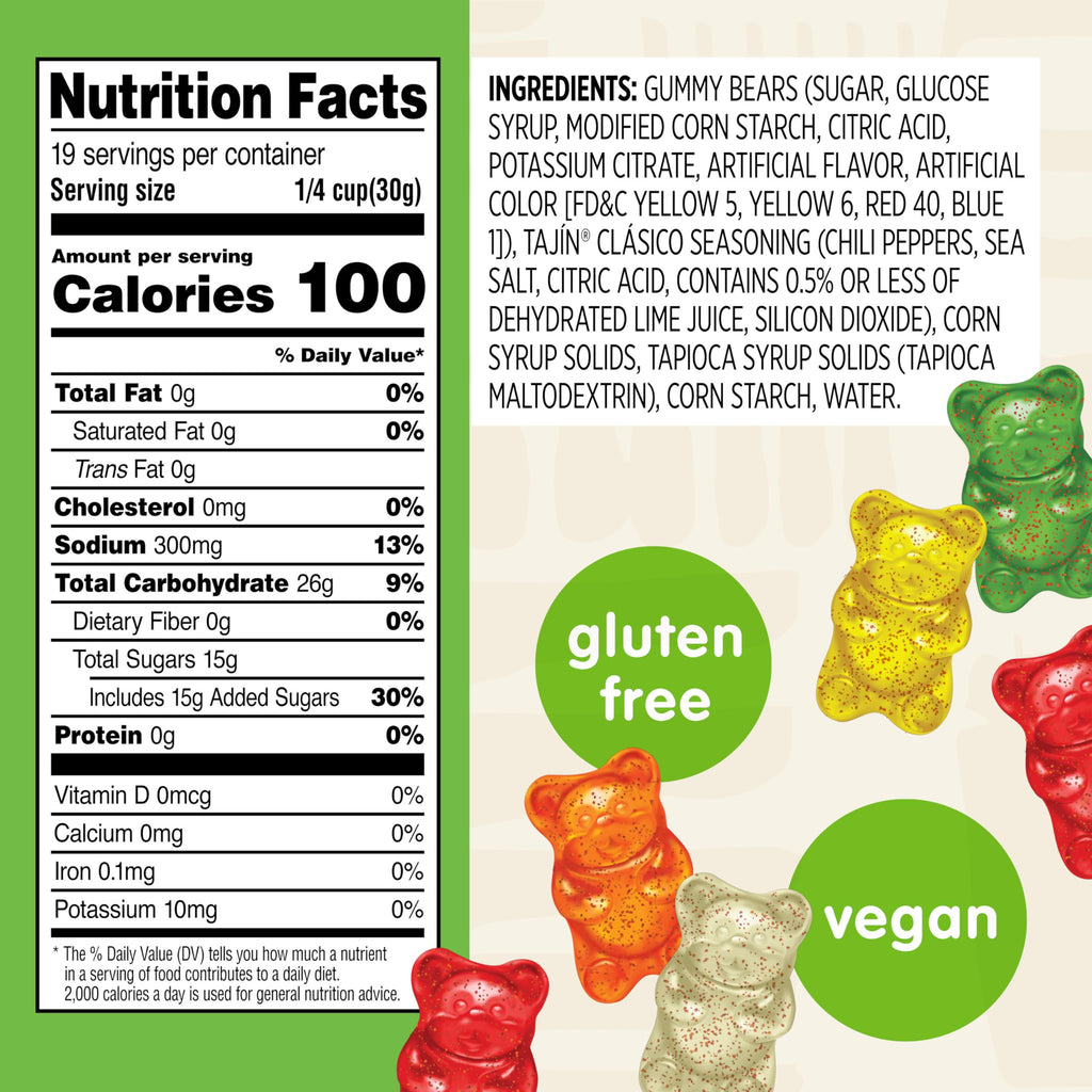 Snak Club Tajin Gummy Bears, Assorted Fruit Candy Gummies with Chili and Lime Seasoning, Mild, Gluten-Free and Vegan Snacks, 9 oz Resealable Bag