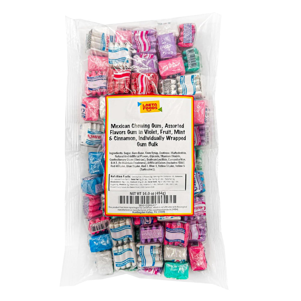 Mexican Chewing Gum, Assorted Flavors, 90 Mini Packs, 1 Lb Bag | Violet, Fruit, Mint, Cinnamon, Individually Wrapped Gum Bulk