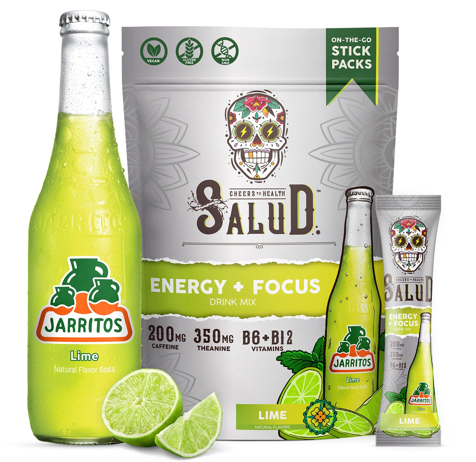 Salud x Jarritos 2-in-1 Energy Drink Powder + Focus, Lime, Organic Caffeine, B6 + B12, Theanine, Clean Energy Drink Packets, Limon Agua Fresca Mix, Non-GMO, Gluten Free, 1g of Sugar, (15 Servings)
