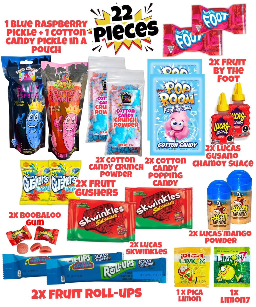 Chamoy Pickle Kit For 2 + Blue Raspberry Pickle Kit-(22 Pieces) Tiktok Candy Gift w Fruit Roll ups, skwinkles & other Mexican candy. Christmas gifts for kids, teen girl, boy
