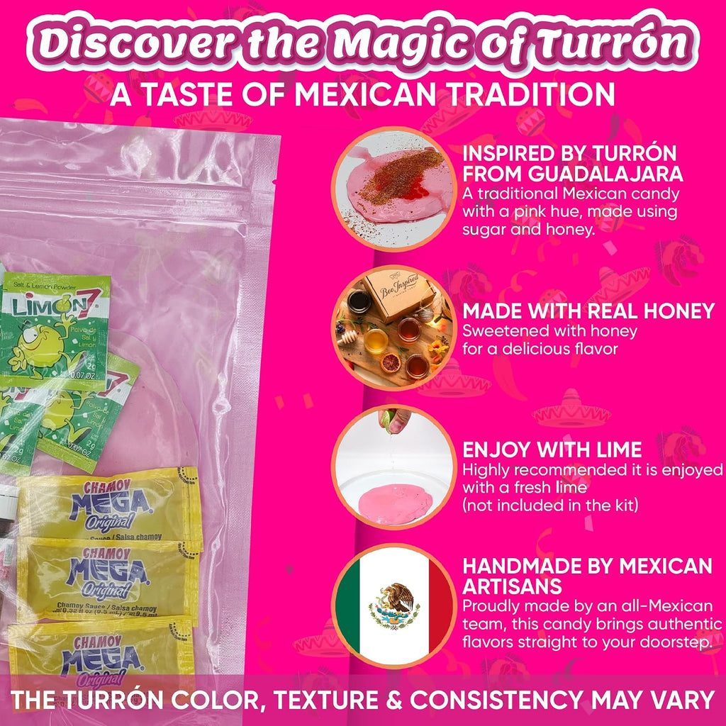 Turron Kit - Includes 4oz Turron, 2 Mini To Go Chil Powder, 3 Chamoy Packets, and 4 Limon7, Mexican Candy, Dulces Mexicanos, Sweet, Spicy, Turrón Rosa, Nougat, Viral on TikTok