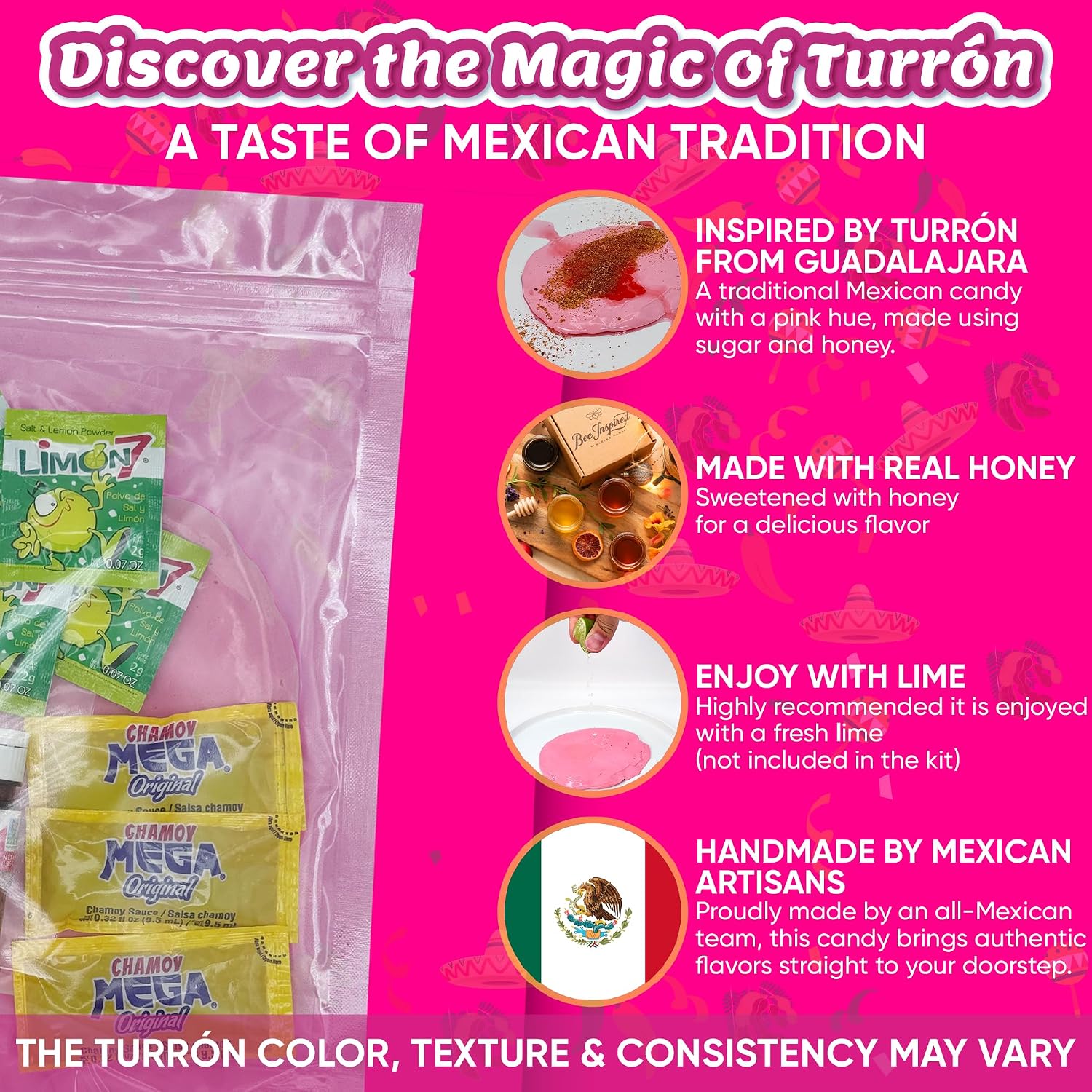 Turron Kit - Includes 4oz Turron, 2 Mini To Go Chil Powder, 3 Chamoy Packets, and 4 Limon7, Mexican Candy, Dulces Mexicanos, Sweet, Spicy, Turrón Rosa, Nougat, Viral on TikTok