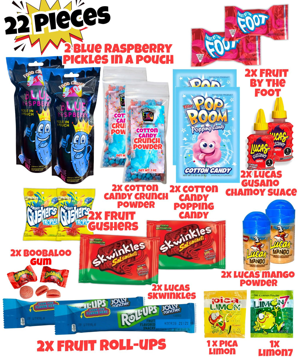 Chamoy Pickle Kit For 2 + Blue Raspberry Pickle Kit-(22 Pieces) Tiktok Candy Gift w Fruit Roll ups, skwinkles & other Mexican candy. Christmas gifts for kids, teen girl, boy