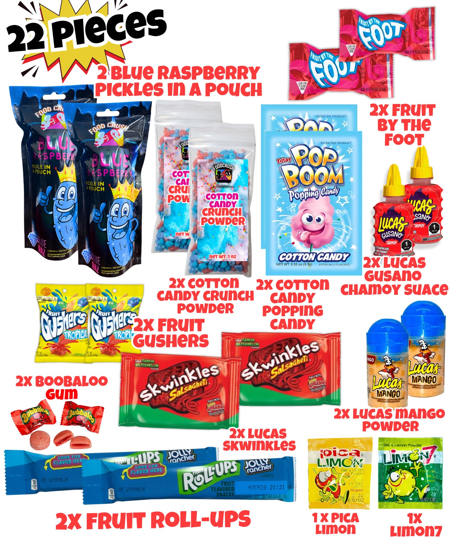 Chamoy Pickle Kit For 2 + Blue Raspberry Pickle Kit-(22 Pieces) Tiktok Candy Gift w Fruit Roll ups, skwinkles & other Mexican candy. Christmas gifts for kids, teen girl, boy