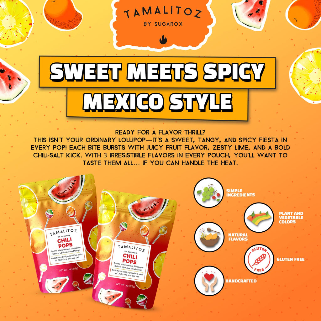 Tamalitoz Chili Pops Chamoy Spicy Mexican Lollipops with Chili, Lime, Sea Salt, Coconut, Tamarind & Cucumber Flavors Fruity Handcrafted Candy, Gluten-Free, Kosher, 2 Bags, (11oz)
