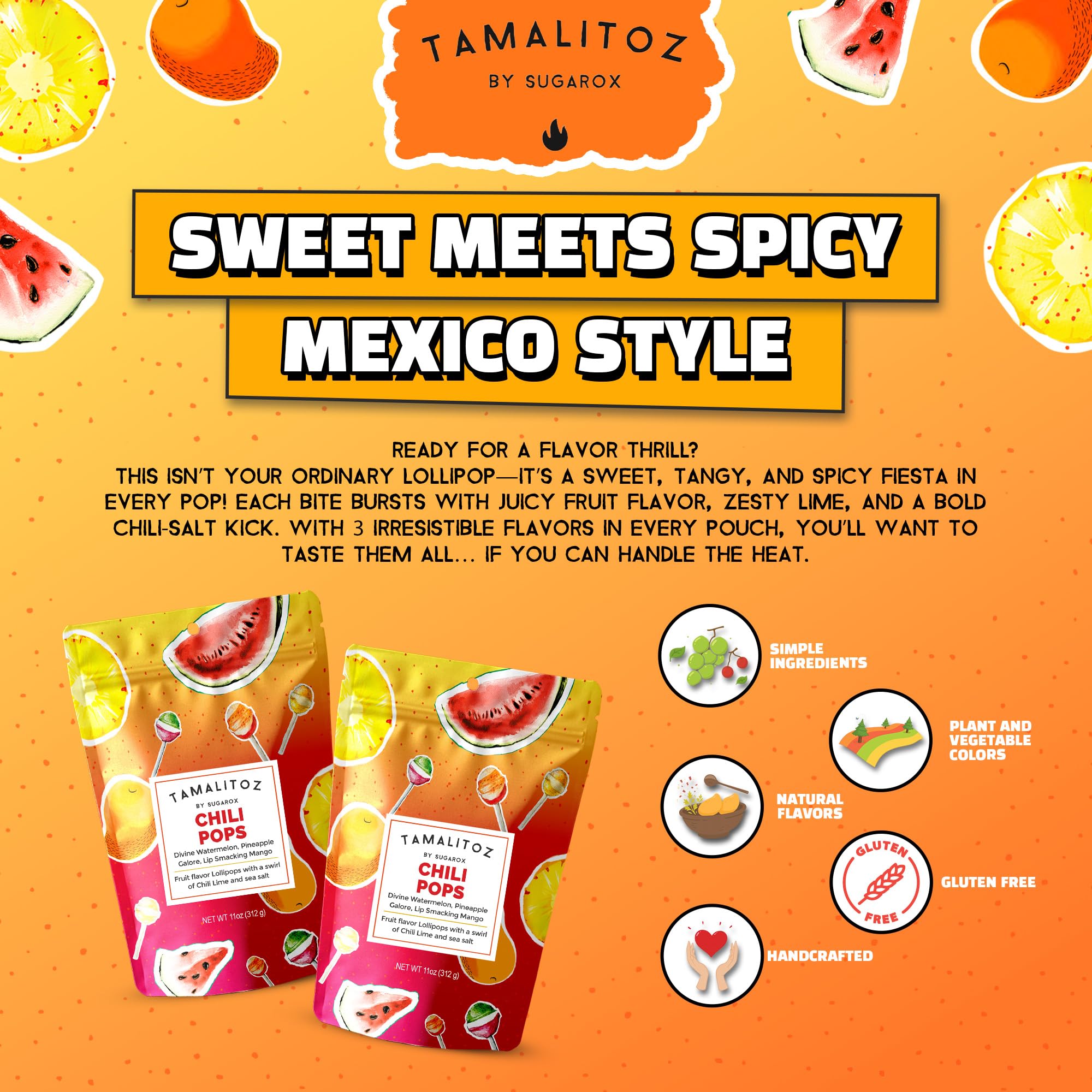 Tamalitoz Chili Pops Chamoy Spicy Mexican Lollipops with Chili, Lime, Sea Salt, Coconut, Tamarind & Cucumber Flavors Fruity Handcrafted Candy, Gluten-Free, Kosher, 2 Bags, (11oz)