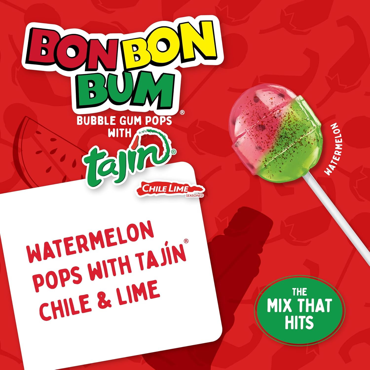 Colombina Bon Bon Bum Tropical Passion Fruit & Watermelon with Tajin Seasoning Chile Lime Dip, 20 Count (Pack of 1)