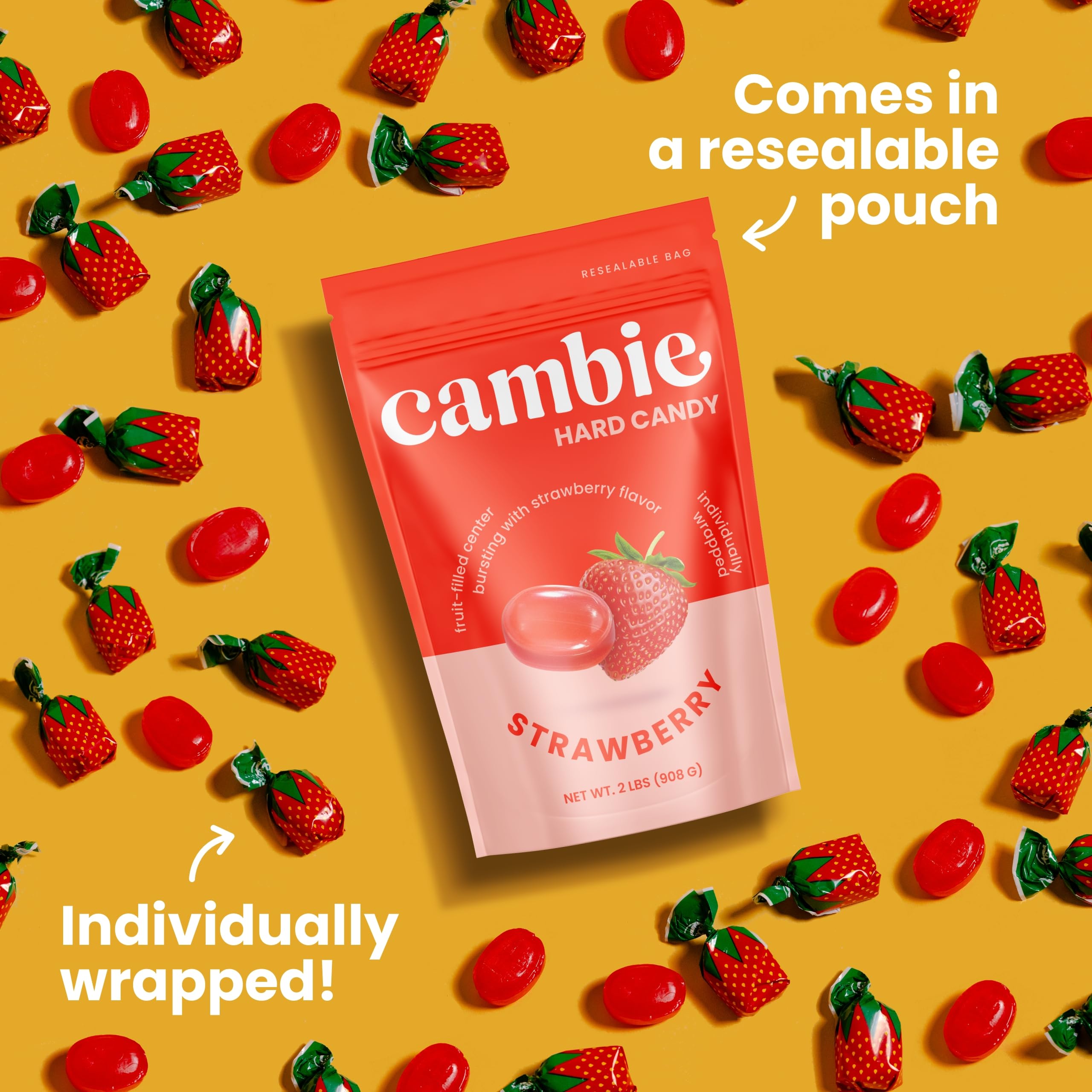 Strawberry Hard Candy Individually Wrapped by Cambie, 2 lbs of Strawberry Candy with a Deliciously Sweet Hard Exterior with a Soft, Fruit-Filled Center