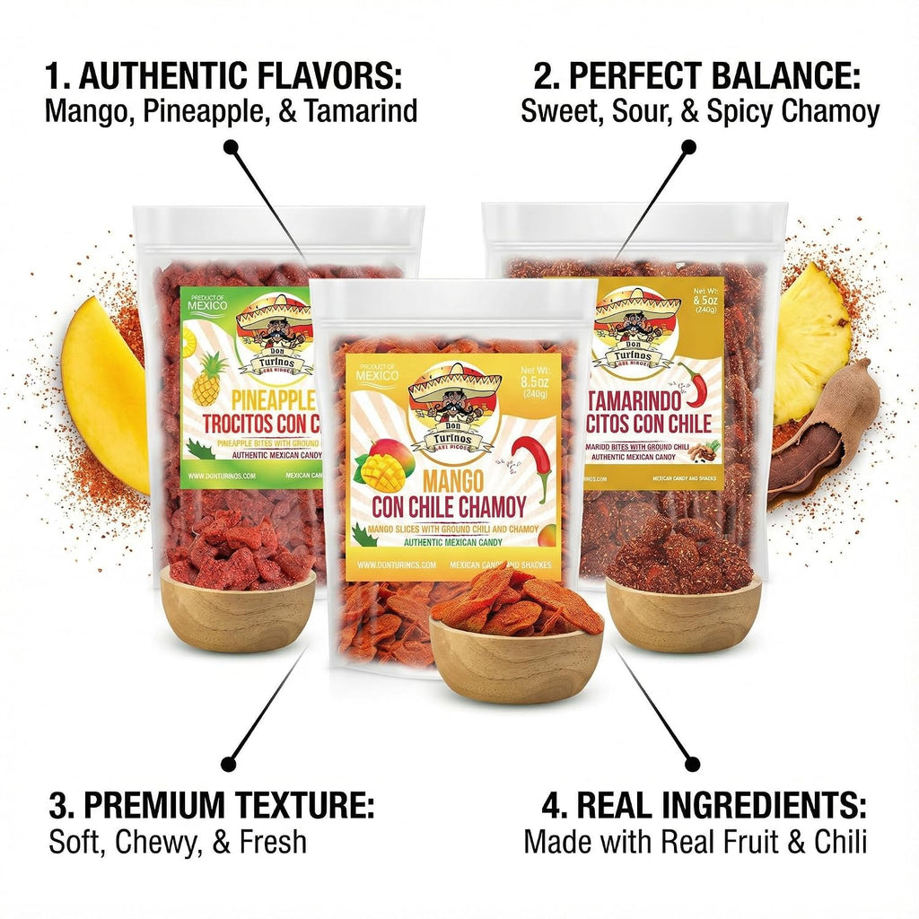 Mexican Fruit Candy 3-Pack, Dulces Mexicanos, Mango Chamoy, Pineapple Chile, and Tamarind Chile, Sweet and Spicy Candies Assortment by Don Turinos