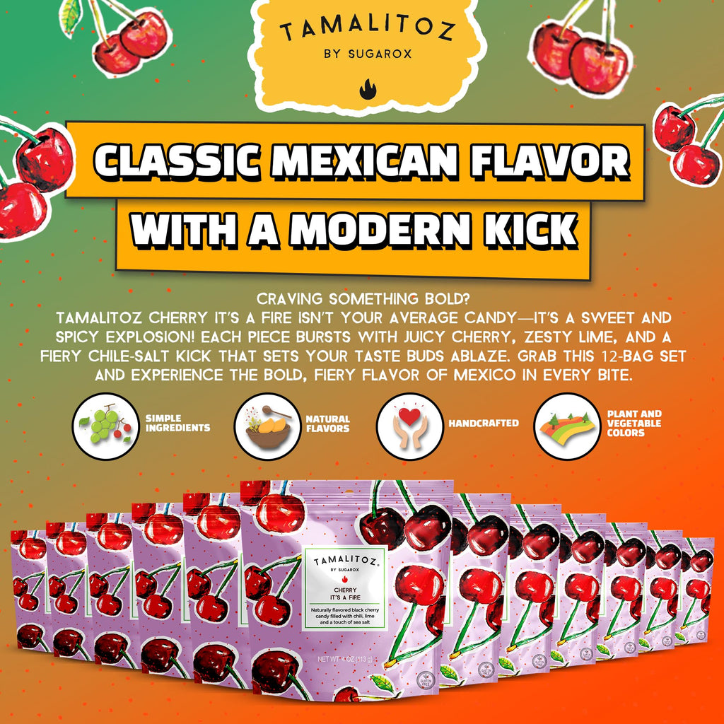 Tamalitoz Cherry, It’s a Fire – Spicy Cherry Mexican Hard Candy Filled with Chile, Lime & Sea Salt Center, Handcrafted Fruit Candy, Gluten-Free, Kosher, No Artificial Colors – 2 Bags (4oz Each)