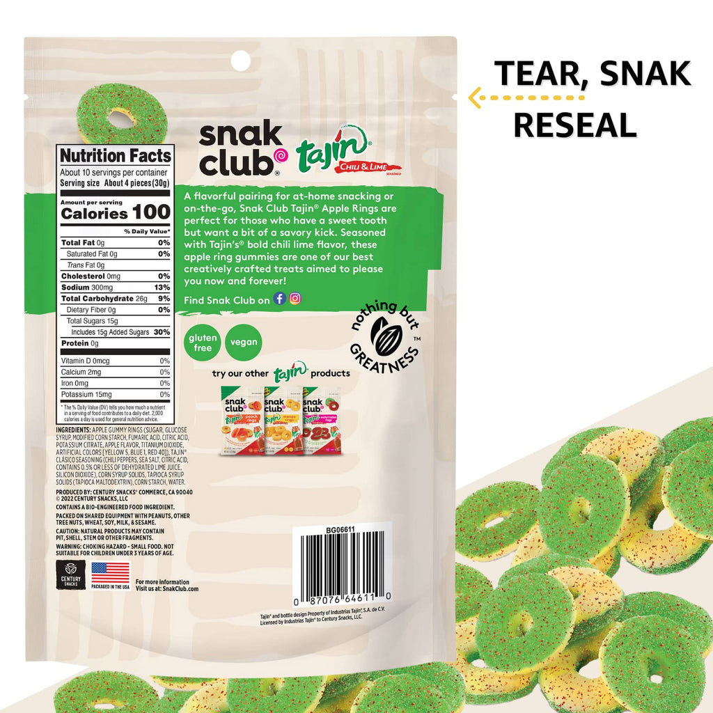 Snak Club Tajin Watermelon Rings, Chili & Lime Gummy Snacks, Mild in Heat Bold in Flavor, Gluten-Free Snack, 2.25oz,(Pack of 12)
