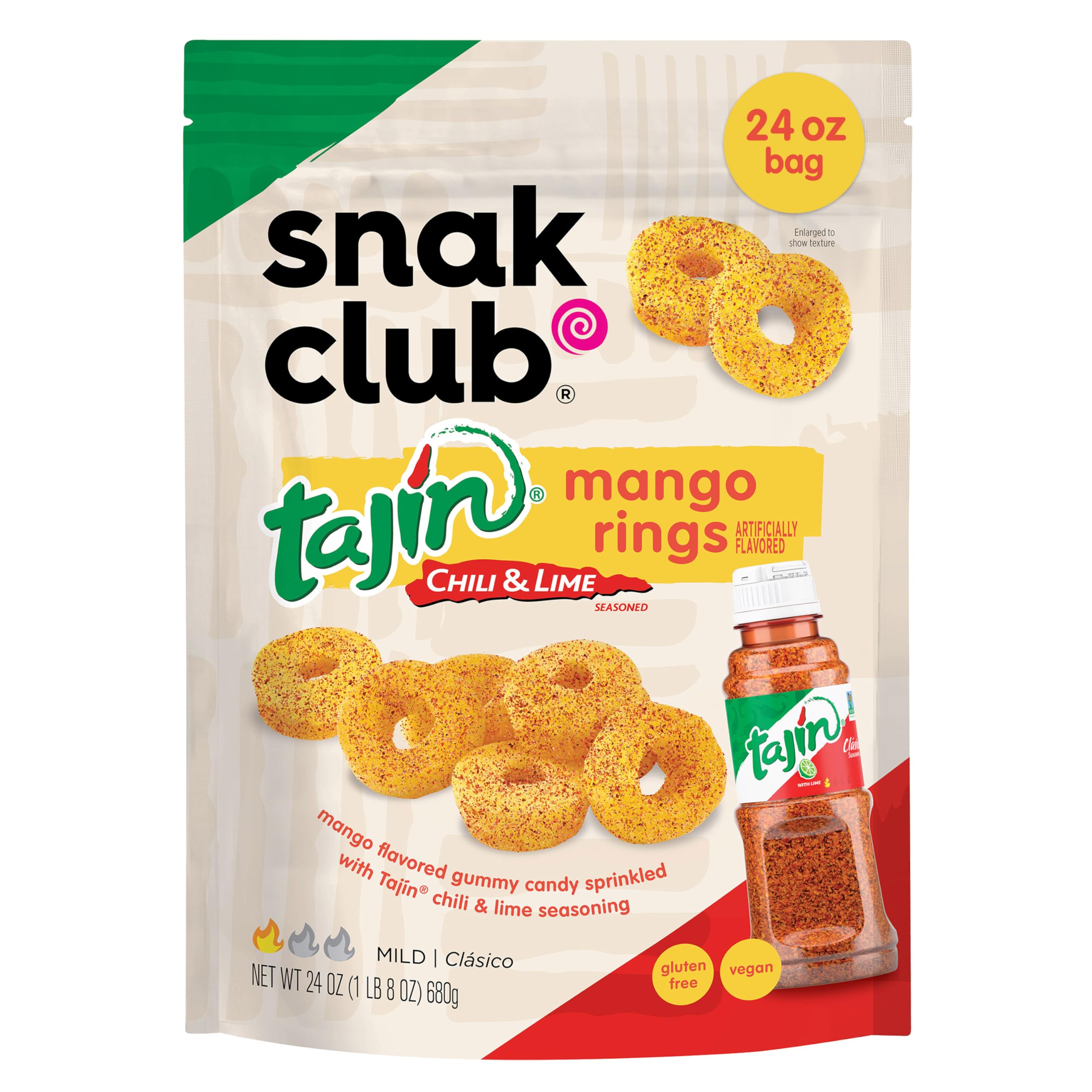 Snak Club Tajin Mango Rings Gummy Candy, Fruit Candy Gummies with Chili and Lime Seasoning, Mild, Gluten-Free and Vegan Snacks, 24 oz Resealable Bag