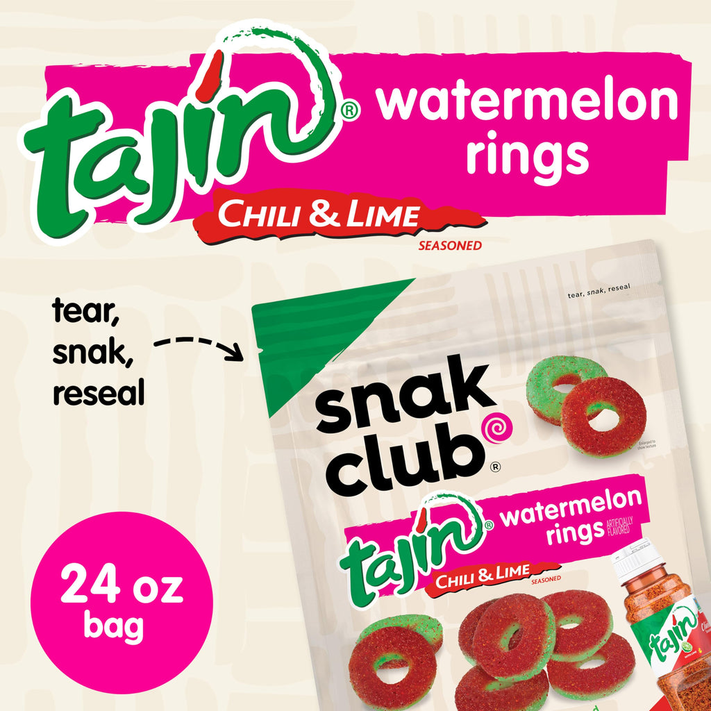 Snak Club Tajin Mango Rings Gummy Candy, Fruit Candy Gummies with Chili and Lime Seasoning, Mild, Gluten-Free and Vegan Snacks, 11 oz Resealable Bag