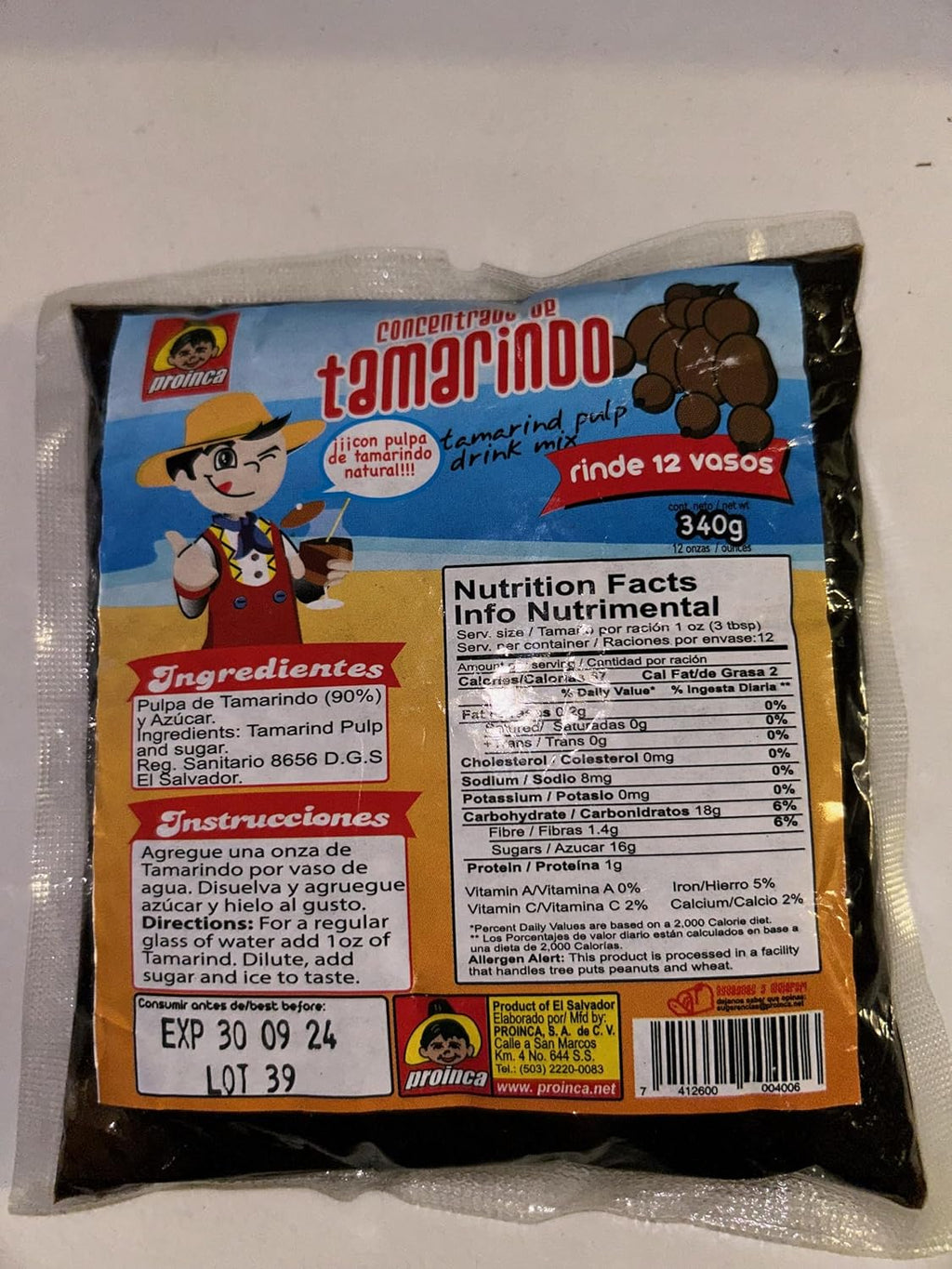 Concentrado de Tamarindo, pulpa de Tamarindo Natural Rinde 12 vasos 340 g
