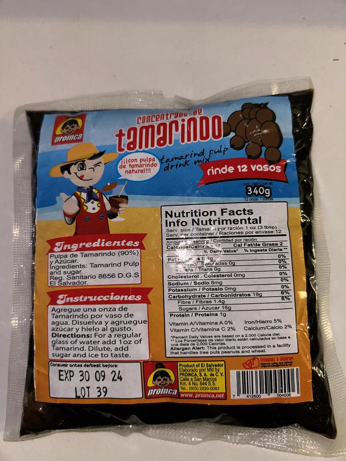 Concentrado de Tamarindo, pulpa de Tamarindo Natural Rinde 12 vasos 340 g