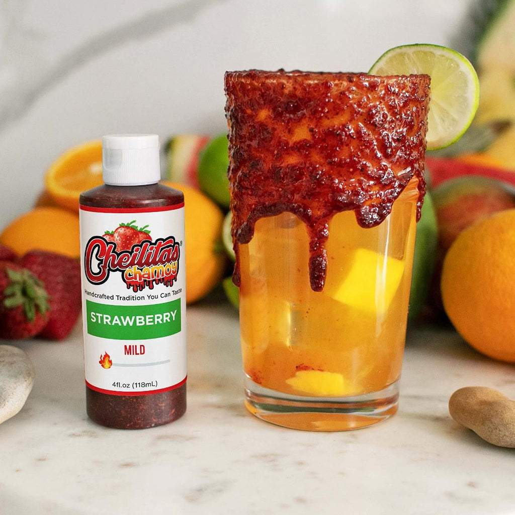 Cheilitas Chamoy All Natural Mexican Rim Candy Dip | Strawberry Grab & Go Bottle | Hand Crafted for Drinks, Cocktails, Micheladas, Beer and More
