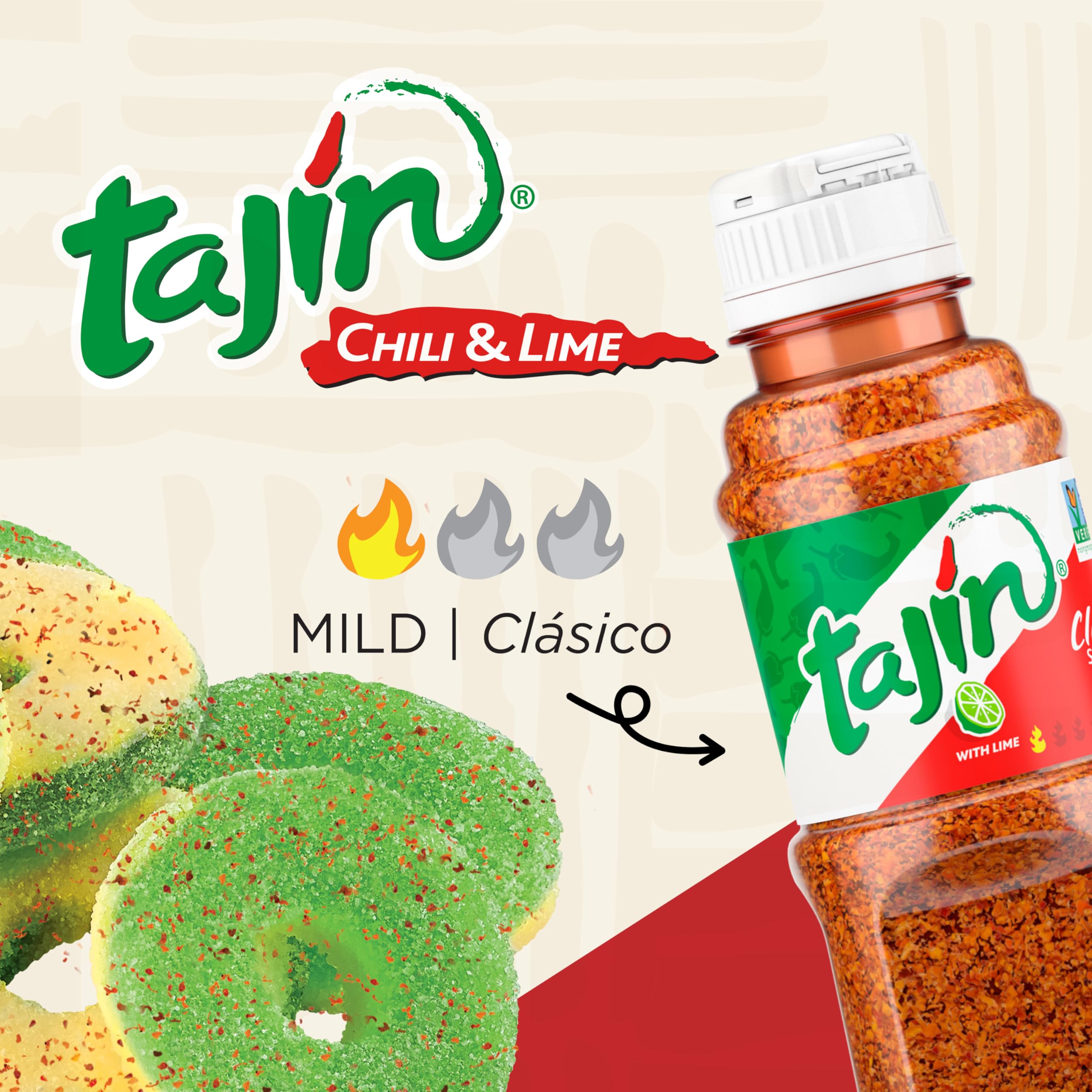 Snak Club Tajin Mango Rings Gummy Candy, Fruit Candy Gummies with Chili and Lime Seasoning, Mild, Gluten-Free and Vegan Snacks, 11 oz Resealable Bag