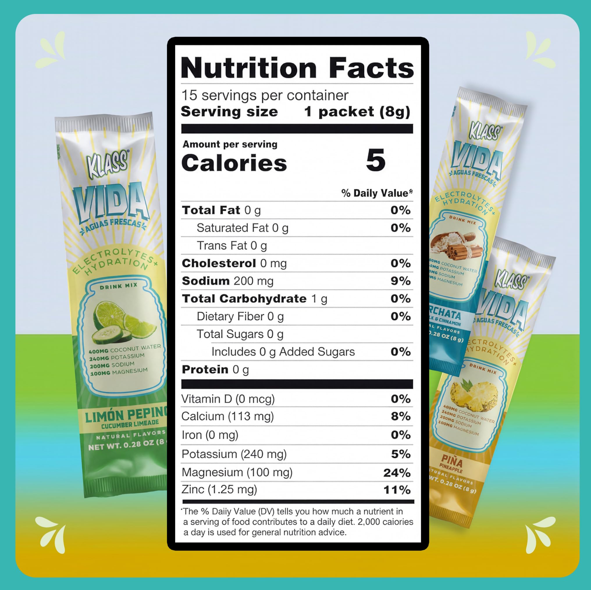 KLASS VIDA Daily Hydration Pineapple Agua Fresca Electrolyte Powder Packets | Sugar Free Electrolyte Drink Mix | Hydration Packets with Coconut Water & Minerals | 15 Stick Packs