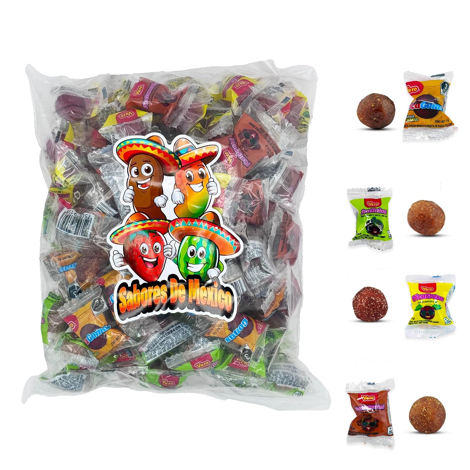 Vero Pica Fresa Pica Goma Mix 100 Pcs - Includes Strawberry, Tamarindo, Watermelon, Mango Spicy Mexican Candy Dulces Mexicanos Assorted Variety Pack, Gomitas, Dulces Vero