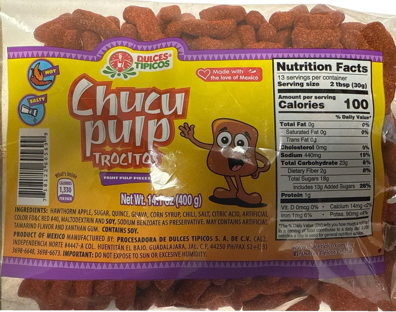 Chucu Pulp Trocitos (Chaca Chaca) Fruit Pulp Pieces - Net Wt. 14.1 oz (400g) - Hot, Salty Mexican Candy - Dulces Típicos Brand