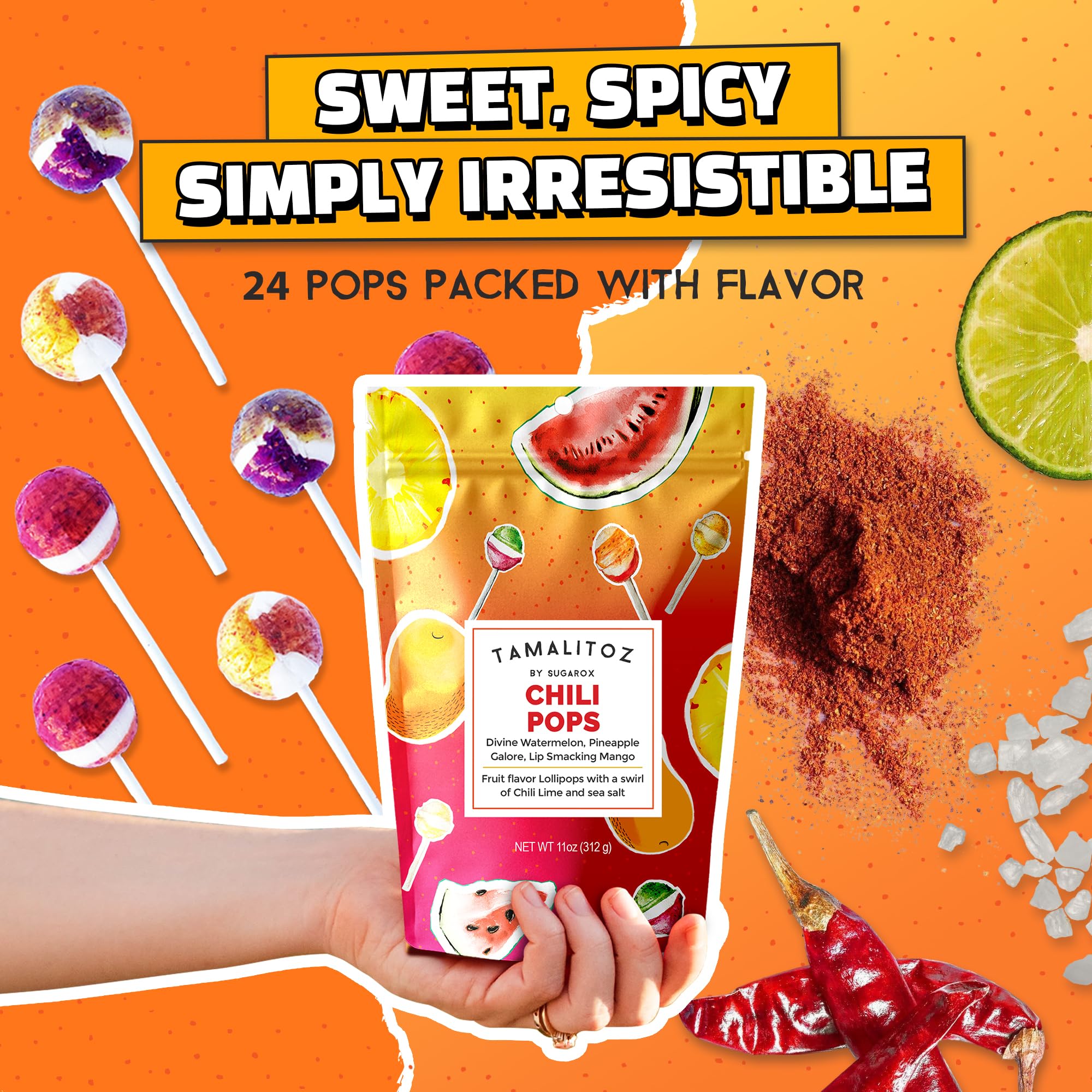 Tamalitoz Chili Pops Chamoy Spicy Mexican Lollipops with Chili, Lime, Sea Salt, Coconut, Tamarind & Cucumber Flavors Fruity Handcrafted Candy, Gluten-Free, Kosher, 2 Bags, (11oz)