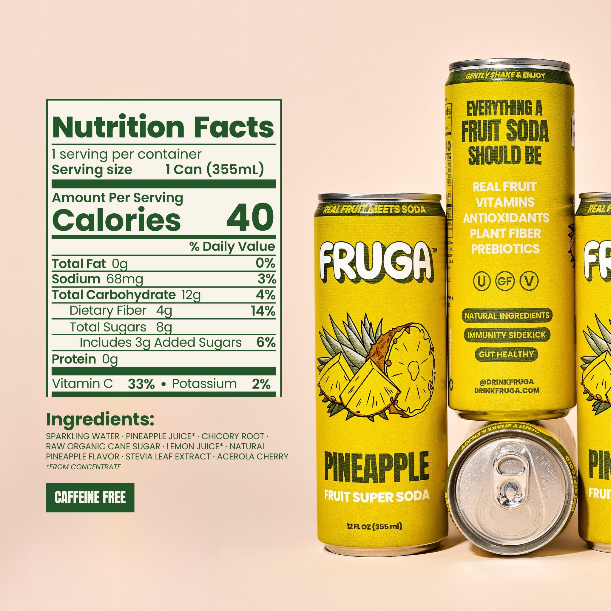 FRUGA Four Real Mix Fruit Soda Pack, Prebiotic Soda Pop Drinks, 12 Pack