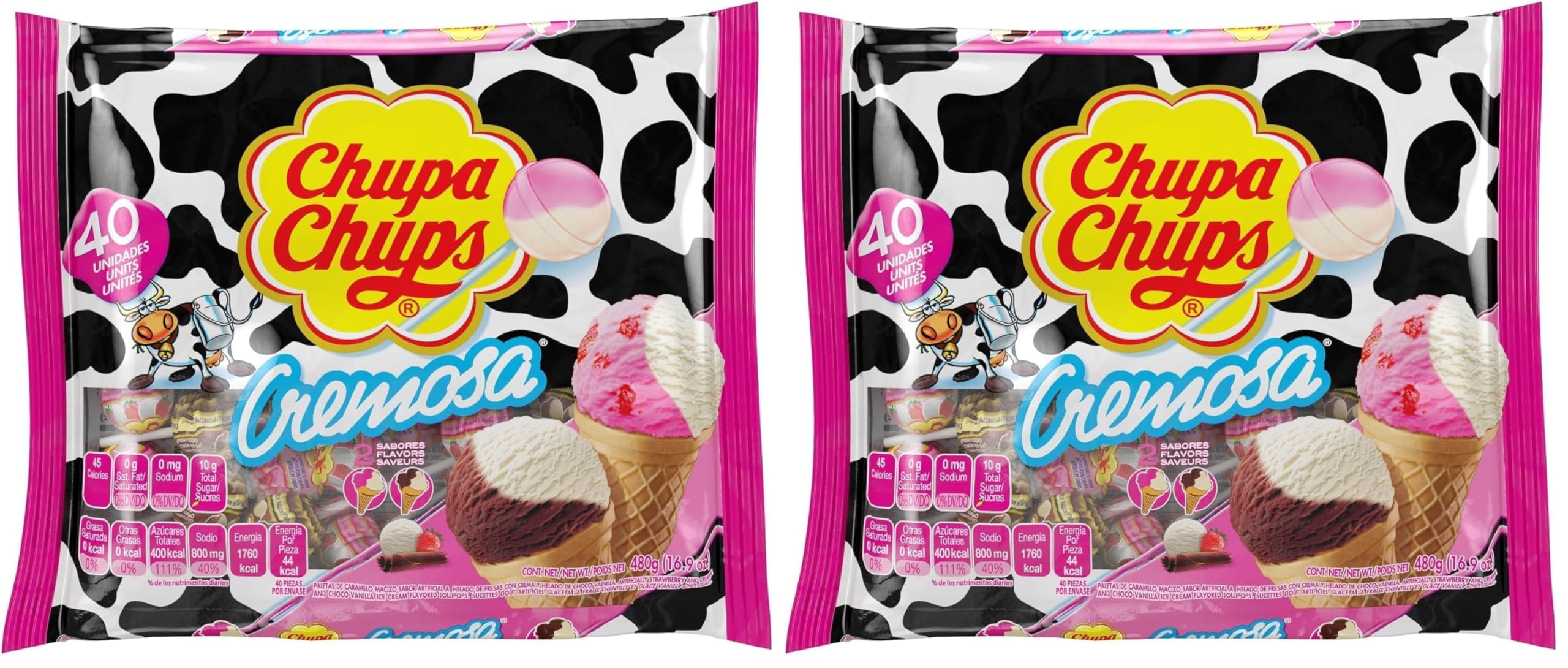 Chupa Chups Cremosa Lollipop Assortment, 2 Ice Cream Flavors, Individually Wrapped Candy for Kids, 16.9 Oz Bag (40 Suckers)