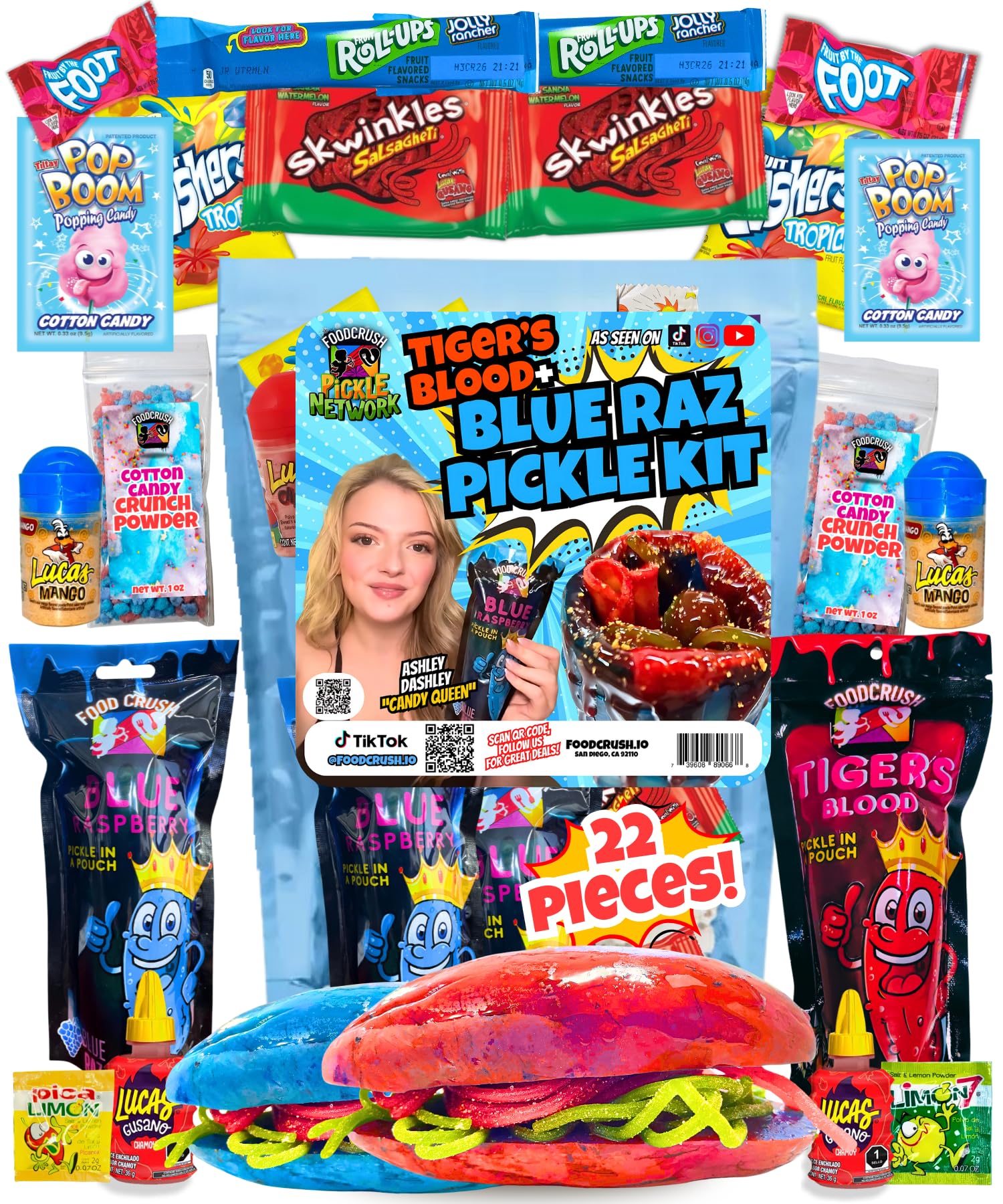 Chamoy Pickle Kit For 2 + Blue Raspberry Pickle Kit-(22 Pieces) Tiktok Candy Gift w Fruit Roll ups, skwinkles & other Mexican candy. Christmas gifts for kids, teen girl, boy