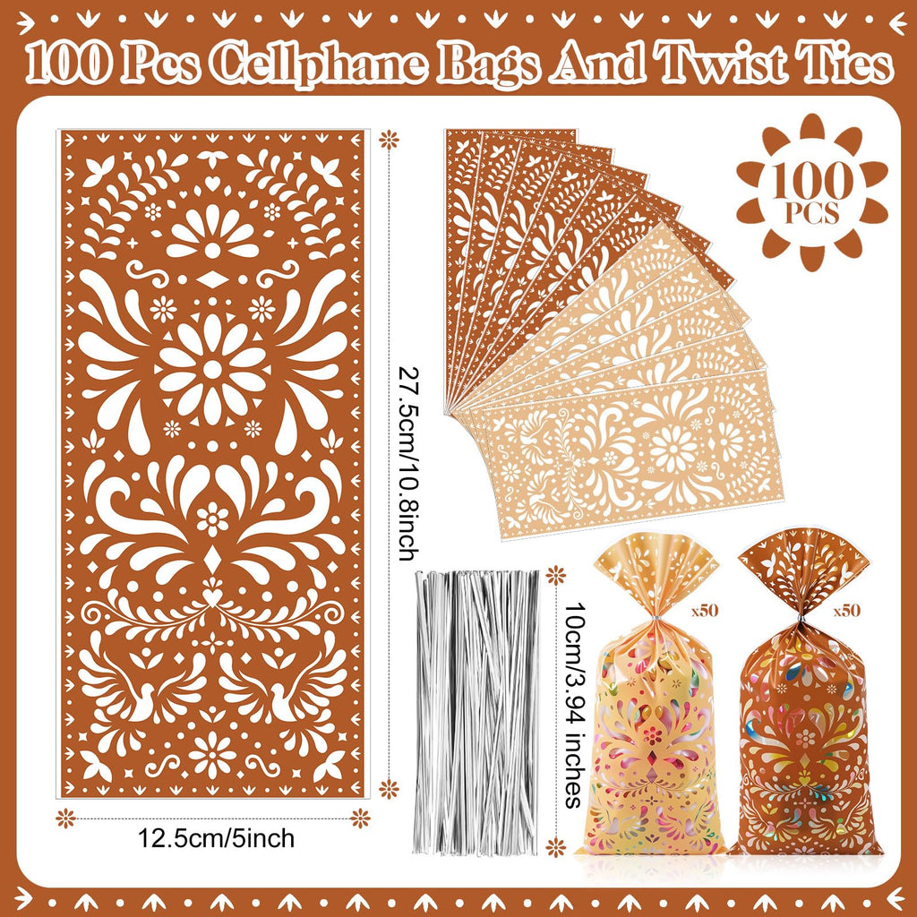 Funrous 100 Pcs Cielito Lindo Candy Bags Mexican Fiesta Gift Bags with Twist Ties Cinco De Mayo Party Favors Barro Candy Sack Talavera Sack for Mexican Wedding Fiesta Party Supplies(Brown Series)