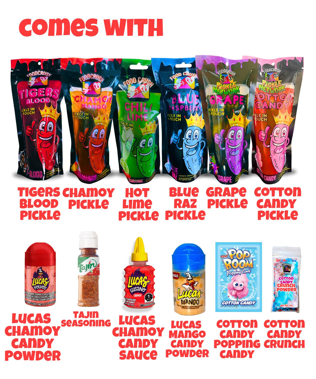 Chamoy Pickle Jumbo Dill Pickles In A Pouch Sampler Gift Box (Pack of 4) W/Chamoy, Super Hot & Spicy Chili Lime, Blue Raspberry, Tigers Blood-Box for College Care Packages Tiktok Trend Items snack