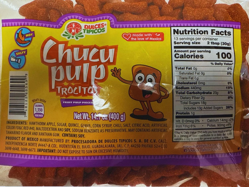Chucu Pulp Trocitos (Chaca Chaca) Fruit Pulp Pieces - Net Wt. 14.1 oz (400g) - Hot, Salty Mexican Candy - Dulces Típicos Brand