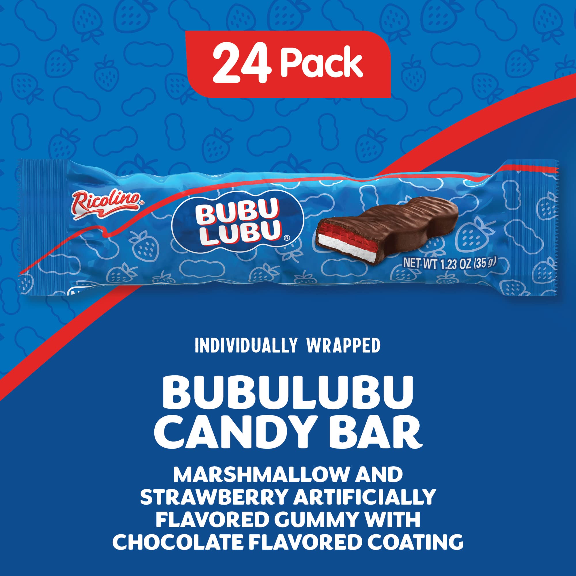 Ricolino Bubulubu Marshmallow with Strawberry Artificially Flavored Gummy with Chocolate Flavored Coating Bar, 1 Pound 13.52 Ounces, 24 Count Box