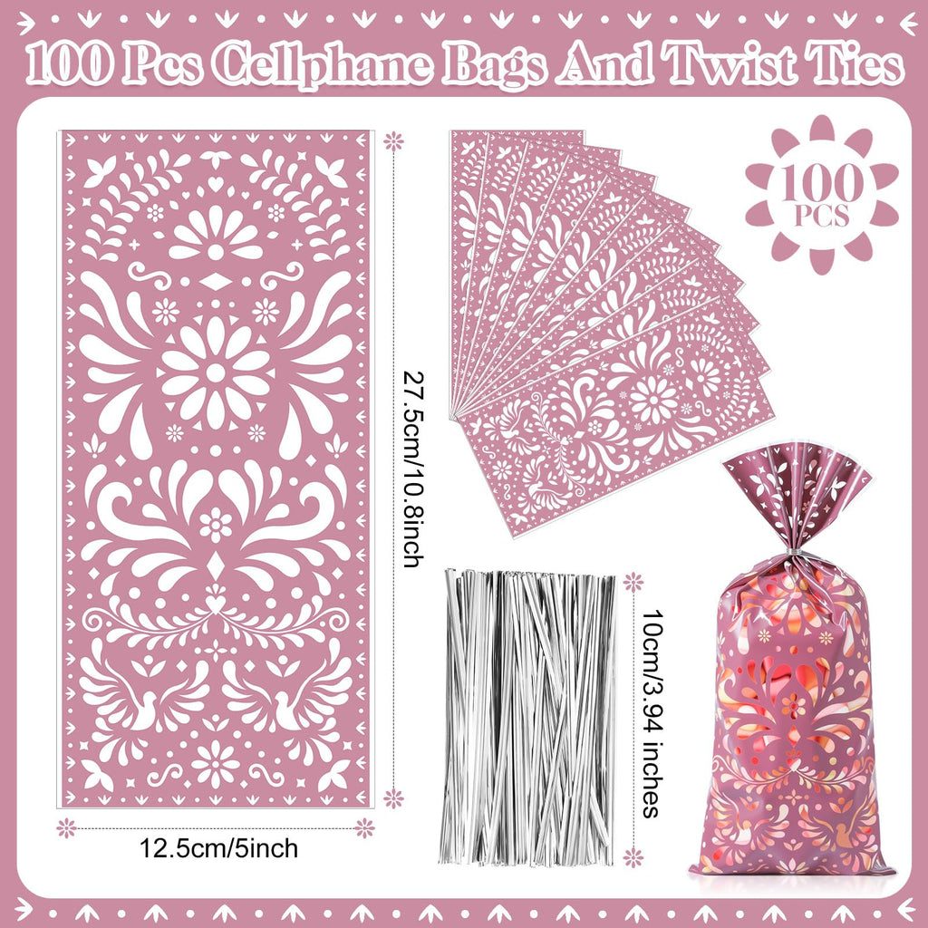 Funrous 100 Pcs Cielito Lindo Candy Bags Mexican Fiesta Gift Bags with Twist Ties Cinco De Mayo Party Favors Barro Candy Sack Talavera Sack for Mexican Wedding Fiesta Party Supplies(Brown Series)