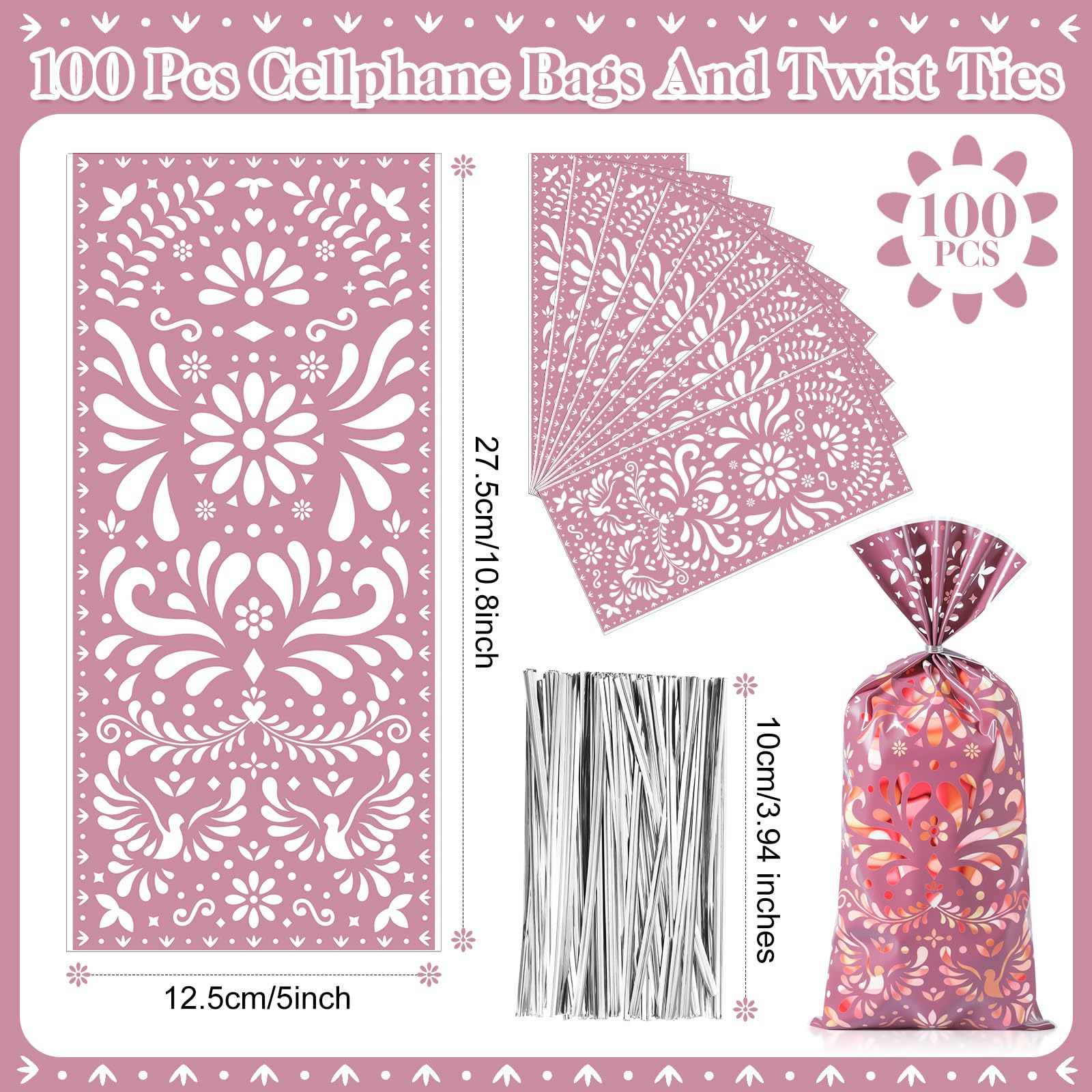 Funrous 100 Pcs Cielito Lindo Candy Bags Mexican Fiesta Gift Bags with Twist Ties Cinco De Mayo Party Favors Barro Candy Sack Talavera Sack for Mexican Wedding Fiesta Party Supplies(Brown Series)